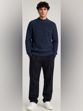 Selected Homme Navy Textured Knit Mock Neck Sweater Size L Quiet Luxury